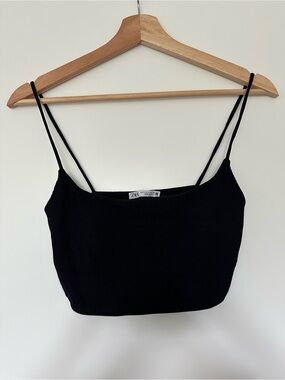 Zara Black Ribbed Spaghetti Strap Crop Cami